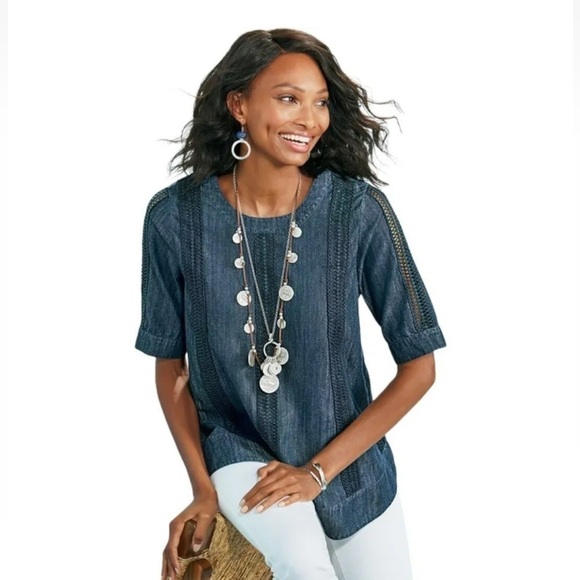 Soft Surroundings Chambray Lapiza In Blue Crochet Short Sleeve Top - Picture 1 of 8